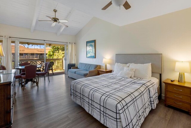 bedroom featuring beamed ceiling, high vaulted ceiling, dark wood-type flooring, access to outside, and ceiling fan