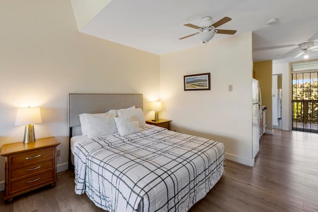 bedroom featuring ceiling fan, access to outside, and hardwood / wood-style flooring