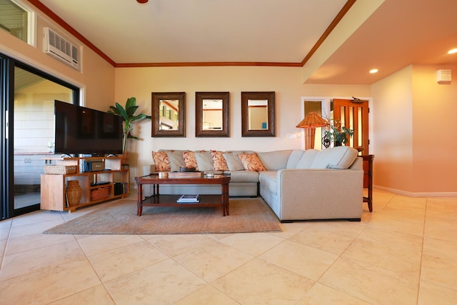 living room featuring baseboards, ornamental molding, an AC wall unit, and light tile patterned flooring