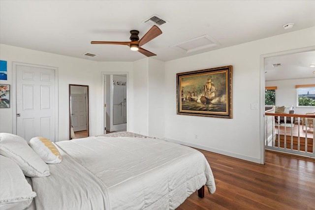 bedroom with ceiling fan and dark wood-type flooring