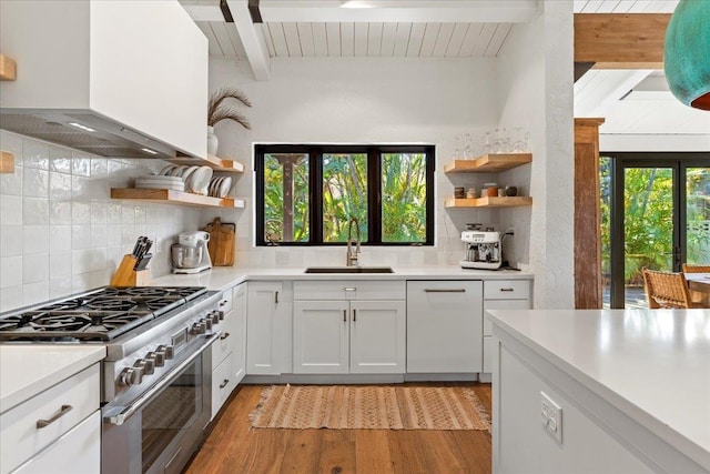 kitchen with high end stove, white dishwasher, sink, white cabinets, and range hood