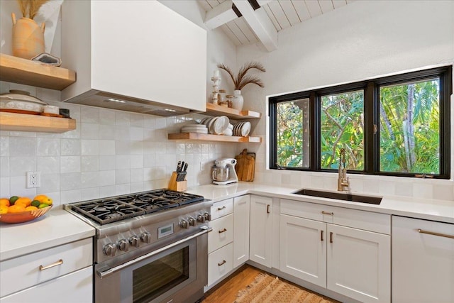 kitchen featuring backsplash, sink, high end stove, light hardwood / wood-style floors, and white cabinetry