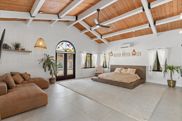 tiled bedroom with beamed ceiling, french doors, wood ceiling, and a wall mounted AC