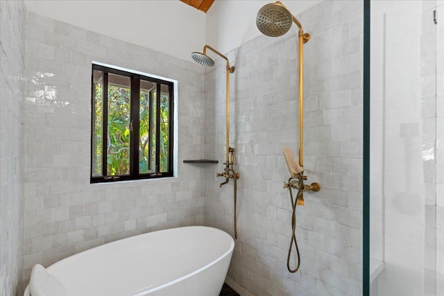 bathroom with tile walls and shower with separate bathtub