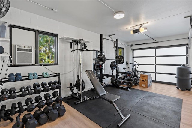 exercise room featuring dark hardwood / wood-style flooring and cooling unit