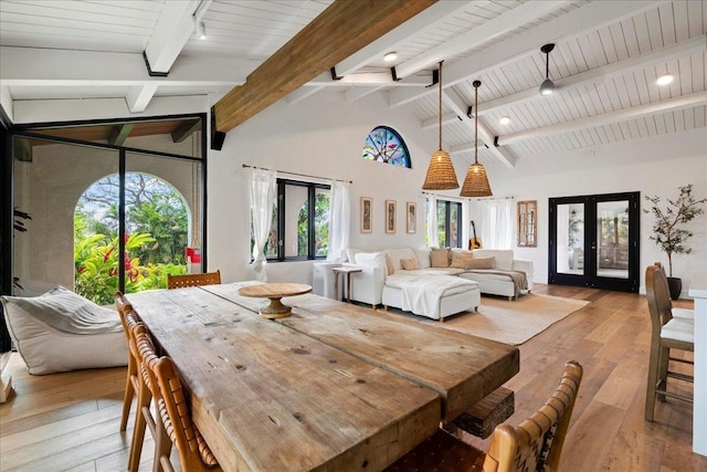 3291 Waileia Pl, Kihei, HI 96753 - dining area featuring light wood-type flooring, beamed ceiling, french doors, and high vaulted ceiling