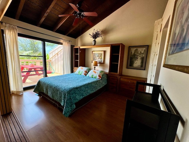 bedroom with beamed ceiling, ceiling fan, access to exterior, wood ceiling, and wood-type flooring