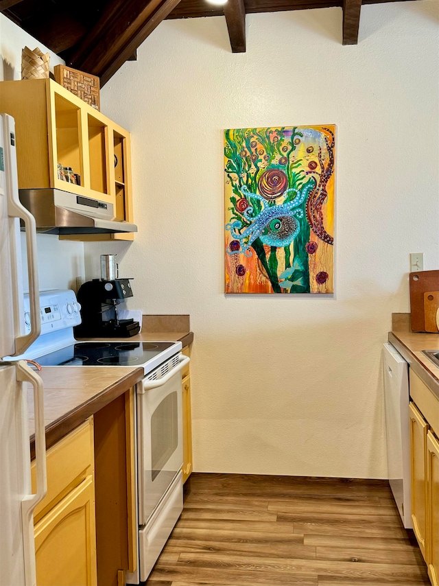 kitchen featuring light hardwood / wood-style floors, white appliances, wall chimney exhaust hood, and beam ceiling