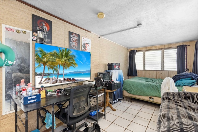 tiled bedroom with a water view, a textured ceiling, and ornamental molding