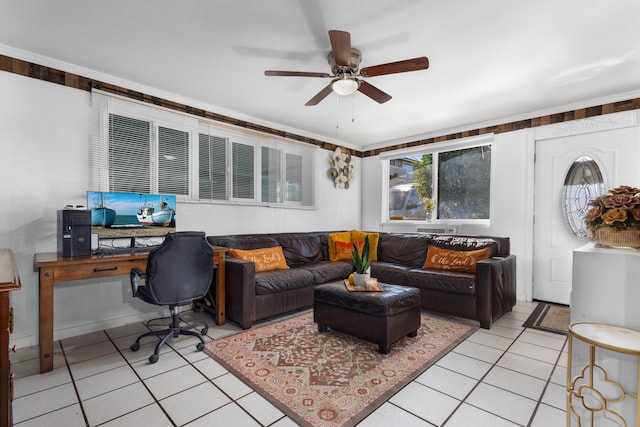 tiled living room featuring ceiling fan