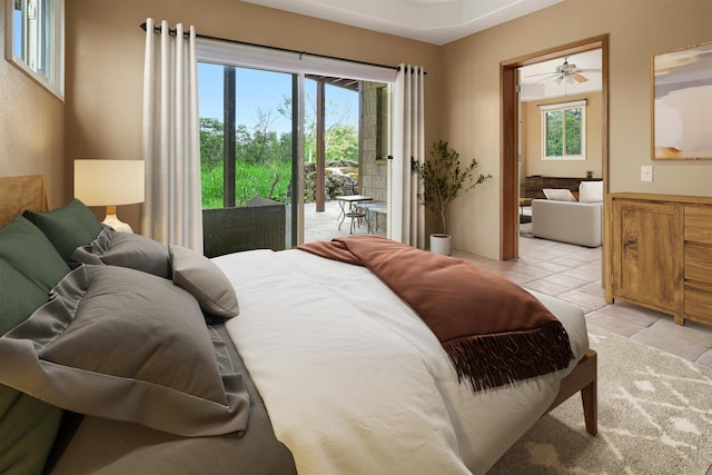 bedroom with multiple windows, light tile patterned flooring, and access to exterior