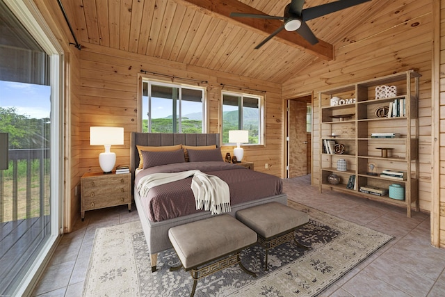 bedroom featuring ceiling fan, wood ceiling, access to exterior, and lofted ceiling