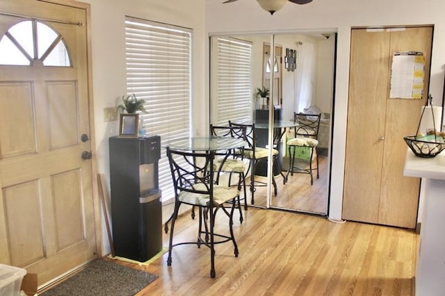 foyer featuring light hardwood / wood-style flooring and ceiling fan