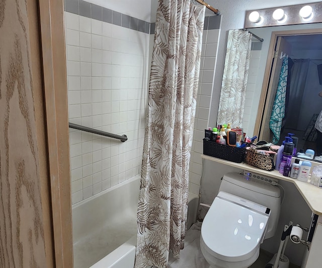 bathroom with toilet and shower / bath combo with shower curtain