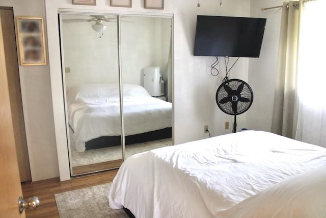 bedroom featuring wood-type flooring and a closet