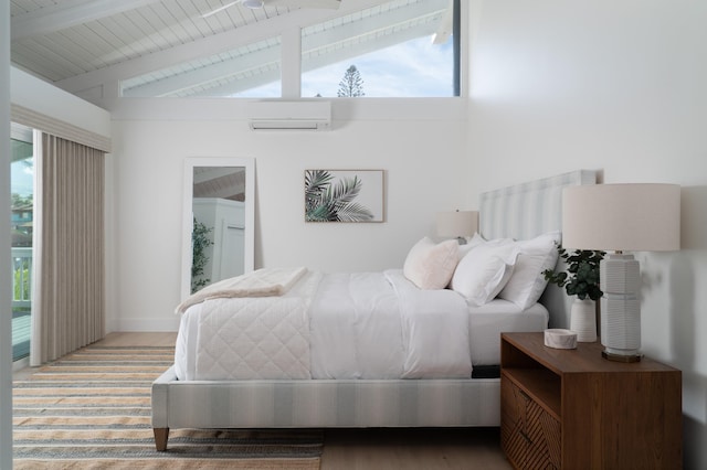 bedroom with wood finished floors, multiple windows, vaulted ceiling with beams, and a wall mounted air conditioner