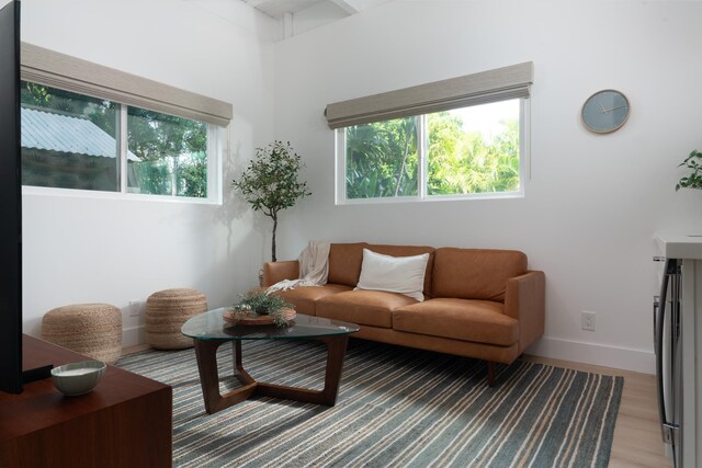 living room with light wood-style flooring and baseboards