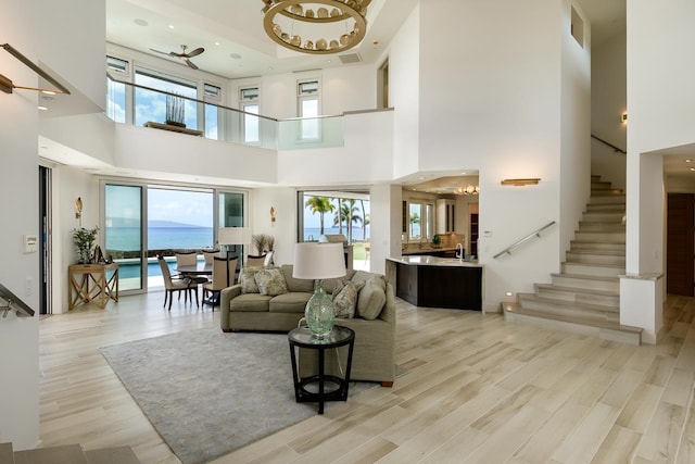 interior space with a water view