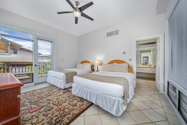 bedroom with access to outside, ensuite bath, ceiling fan, and light tile patterned floors