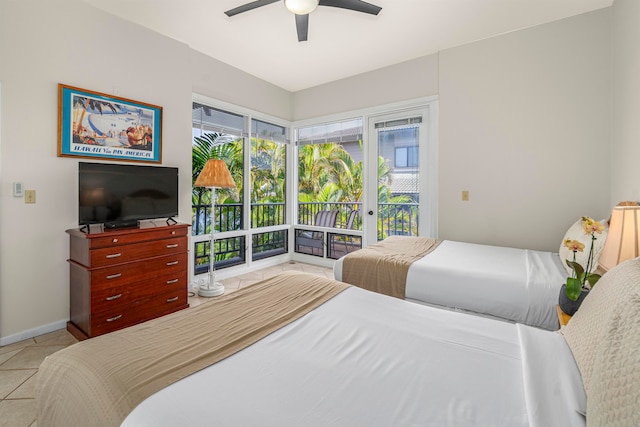 bedroom with access to exterior, ceiling fan, and light tile patterned floors