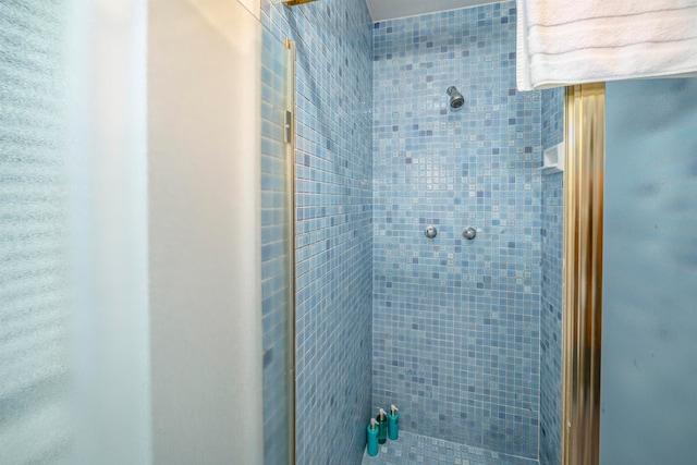 bathroom featuring a shower with door