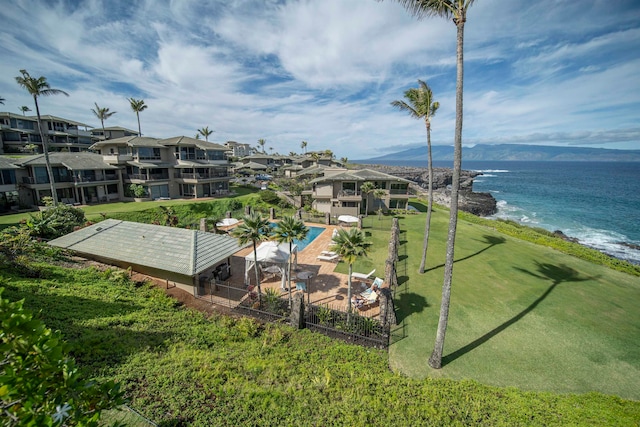 drone / aerial view featuring a water view