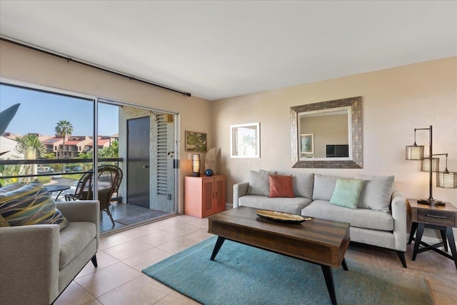 living room featuring light tile patterned floors