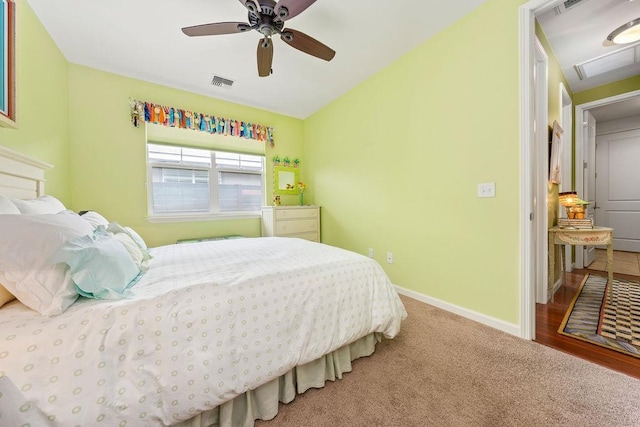 bedroom with ceiling fan and carpet