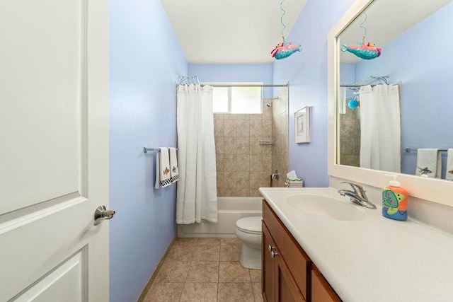 full bathroom with toilet, vanity, tile patterned flooring, and shower / bath combination with curtain