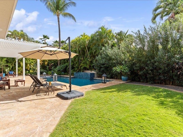 view of swimming pool featuring a patio, a pergola, and a yard