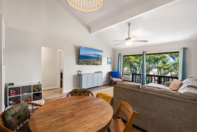 15 Kulanihakoi St Unit 9F, Kihei, HI 96753 - dining area featuring light wood-style floors, beamed ceiling, ceiling fan, baseboards, and high vaulted ceiling