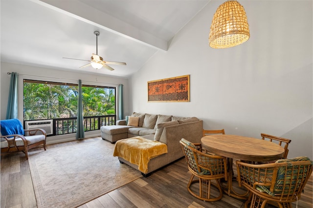15 Kulanihakoi St Unit 9F, Kihei, HI 96753 - living room with a ceiling fan, beamed ceiling, dark wood finished floors, and high vaulted ceiling