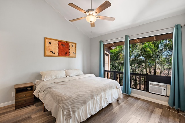15 Kulanihakoi St Unit 9F, Kihei, HI 96753 - bedroom with vaulted ceiling, wood finished floors, baseboards, cooling unit, and ceiling fan