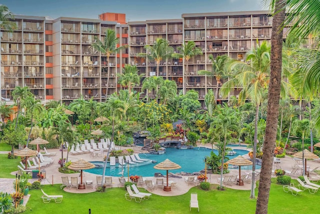 view of pool with a patio area and a yard