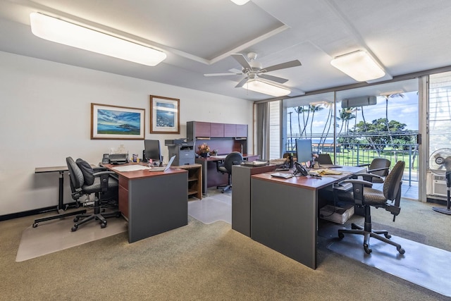 carpeted office space with a raised ceiling, floor to ceiling windows, a ceiling fan, and baseboards