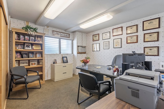 home office with carpet flooring, wallpapered walls, and a wall unit AC