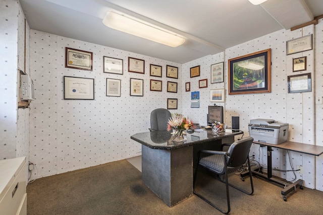 carpeted office featuring wallpapered walls