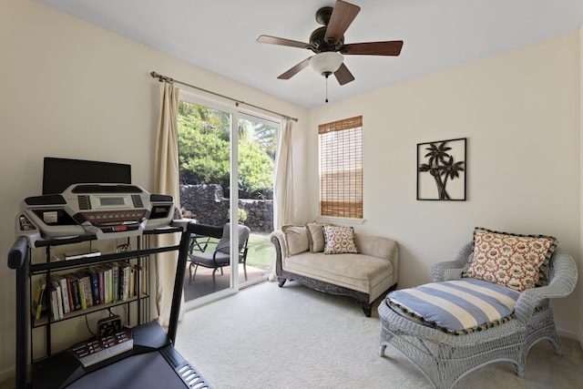 interior space featuring carpet and ceiling fan