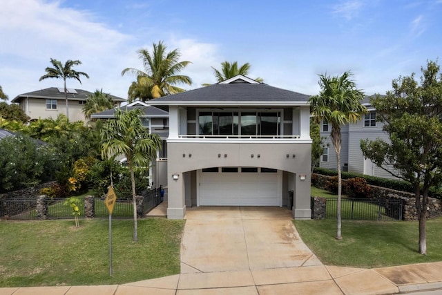 view of front facade featuring a balcony, a garage, and a front lawn