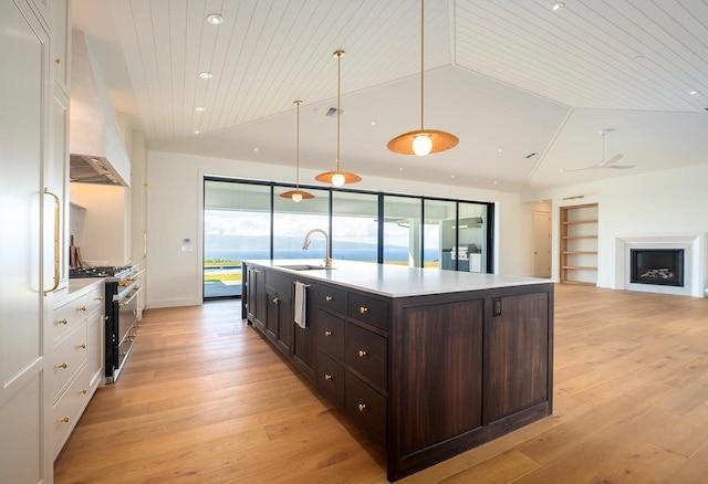 kitchen featuring light hardwood / wood-style flooring, stainless steel stove, an island with sink, sink, and decorative light fixtures