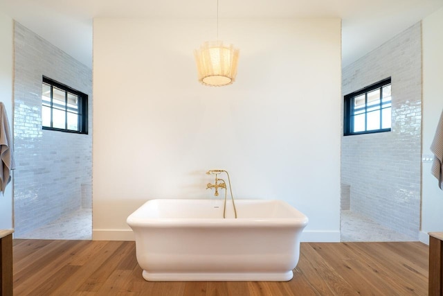 bathroom with a walk in shower, wood finished floors, and a wealth of natural light