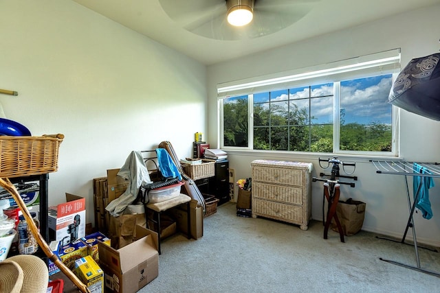 interior space with carpet flooring and ceiling fan