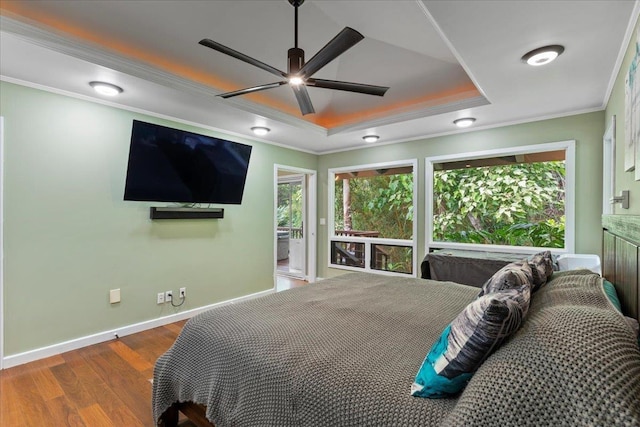 bedroom with a raised ceiling, multiple windows, ceiling fan, and wood-type flooring