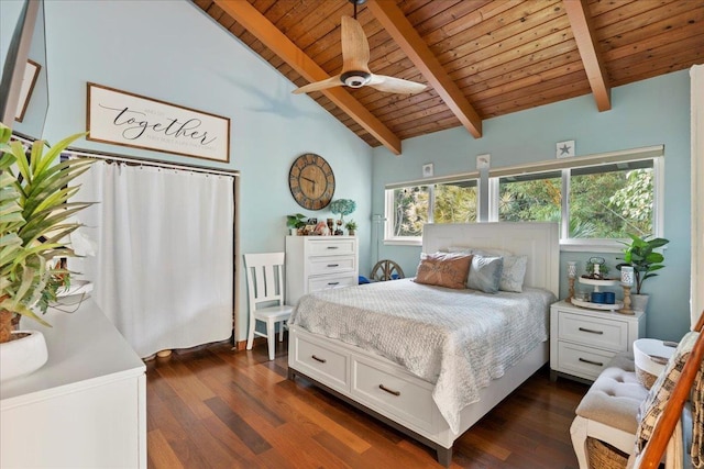 bedroom featuring ceiling fan, dark wood-type flooring, beamed ceiling, high vaulted ceiling, and wood ceiling