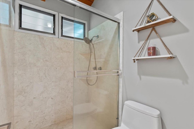 bathroom with toilet and a shower with shower door