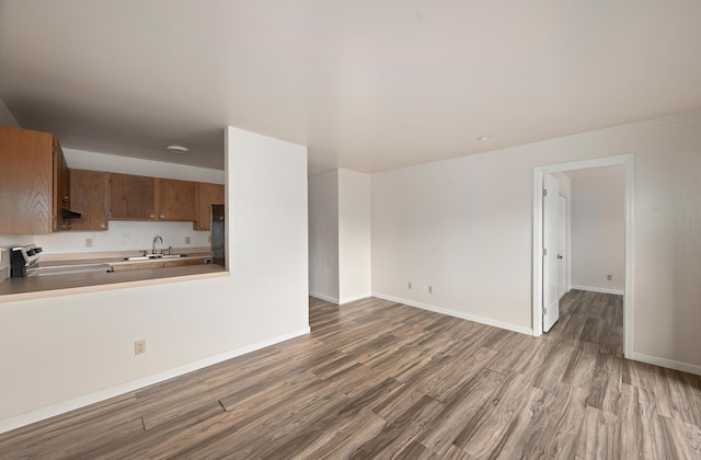 unfurnished living room featuring sink and hardwood / wood-style flooring