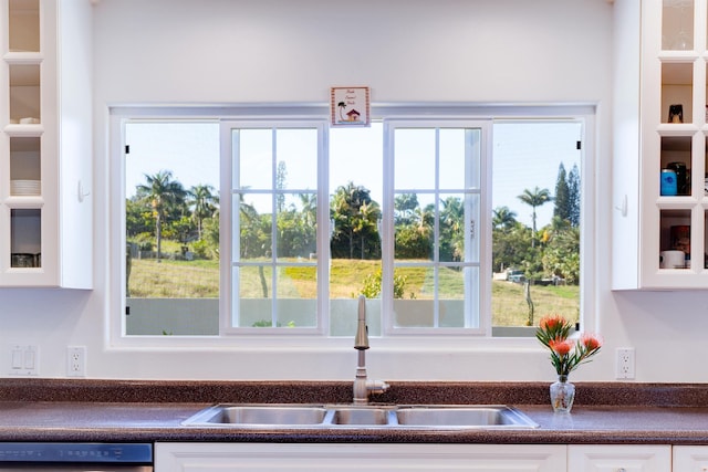 interior details with white cabinetry, dishwasher, and sink