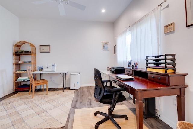 office featuring ceiling fan and light wood-type flooring