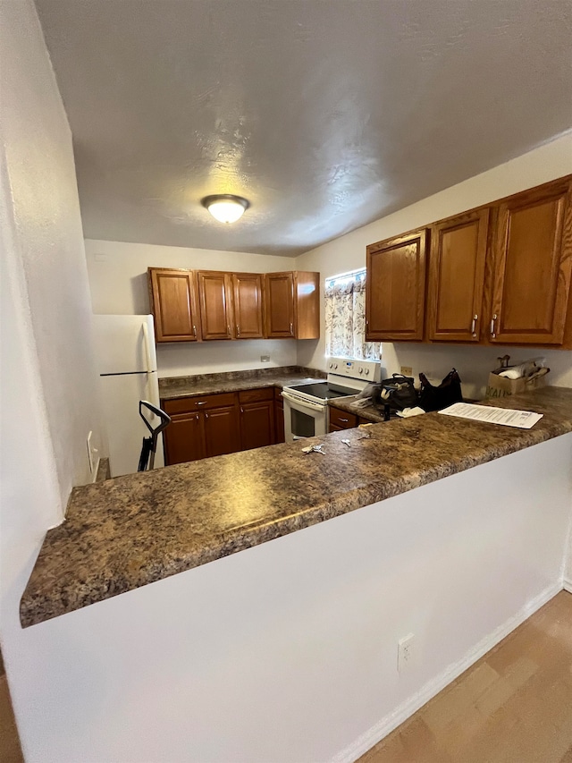 kitchen with white appliances and kitchen peninsula