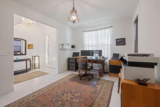 office space with baseboards, marble finish floor, and a notable chandelier